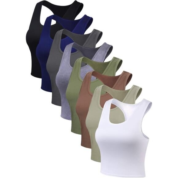 8 Pcs Women Basic Crop Tank Tops Sleeveless Racerback Crop Cotton Top - Picture 3 of 7